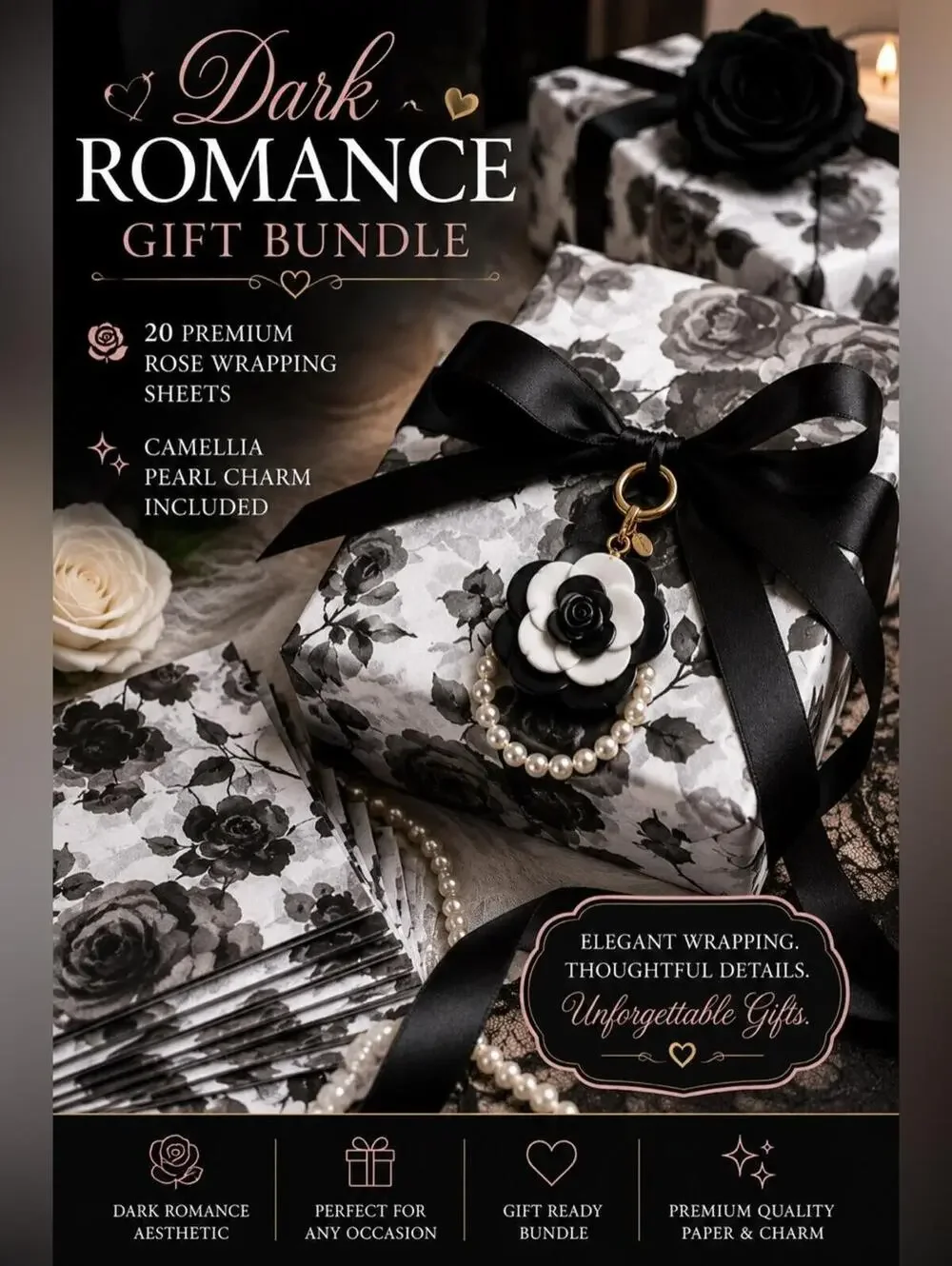 Dark Romance Gift Wrap Bundle 20 Rose Sheets Purse Charm Keychain